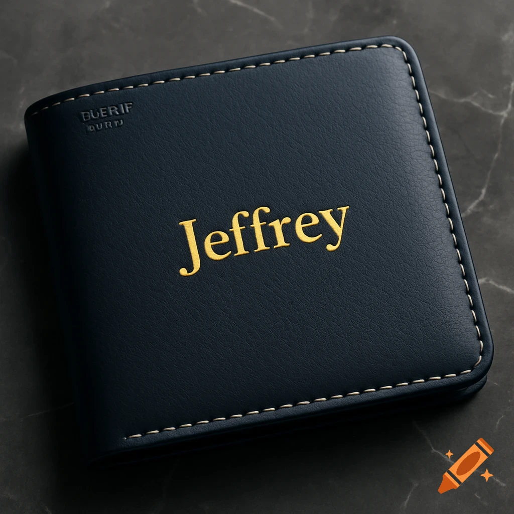 A dark blue bifold wallet with "Jeffrey" hot-stamped in gold on the front, resting on a dark marble surface.