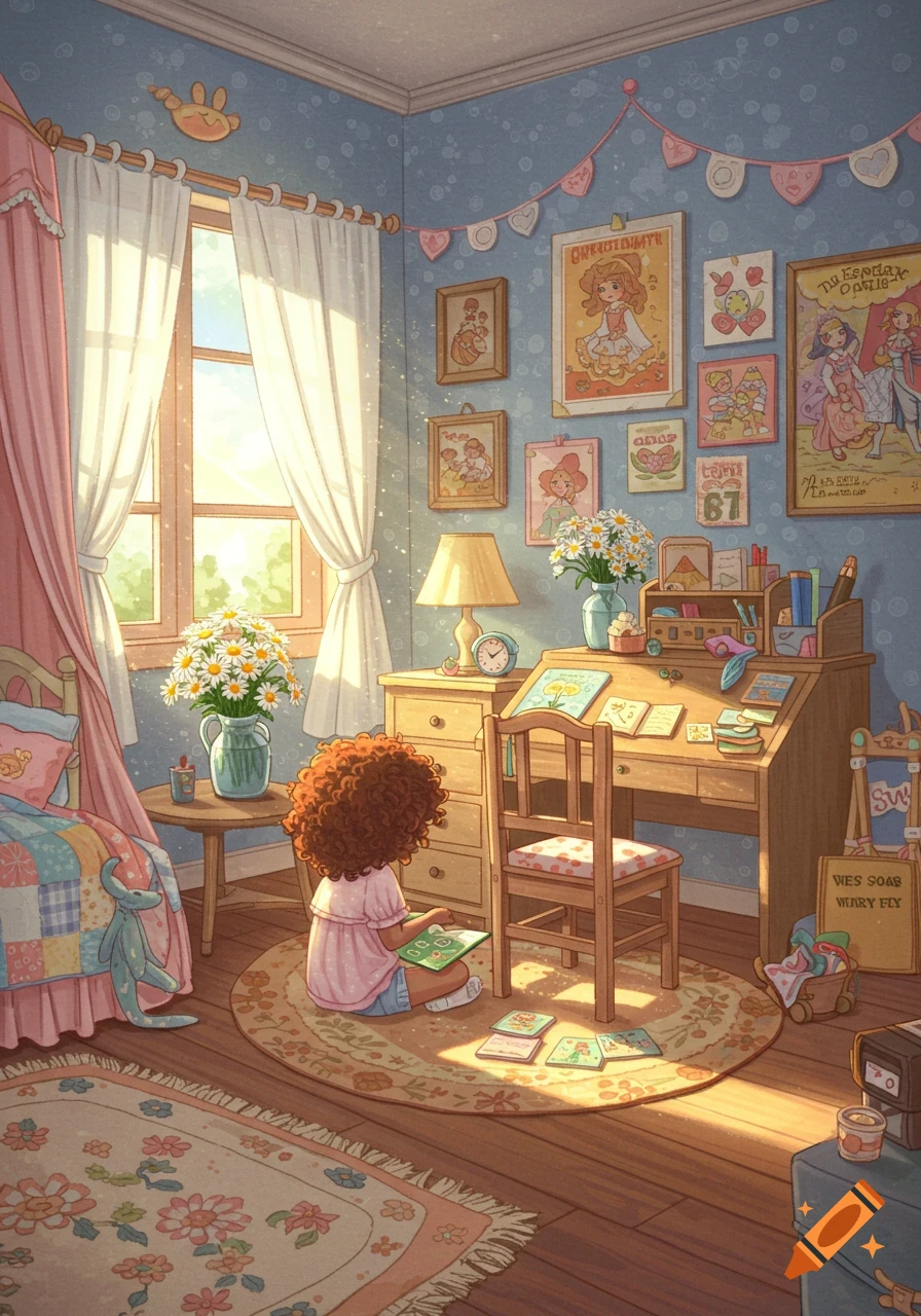 A cute cartoon illustration of a girl with curly red hair sitting on the floor of her brightly lit bedroom, looking at a book. Posters adorn the light blue walls, and a desk is next to her. Sunlight streams in through the large window.