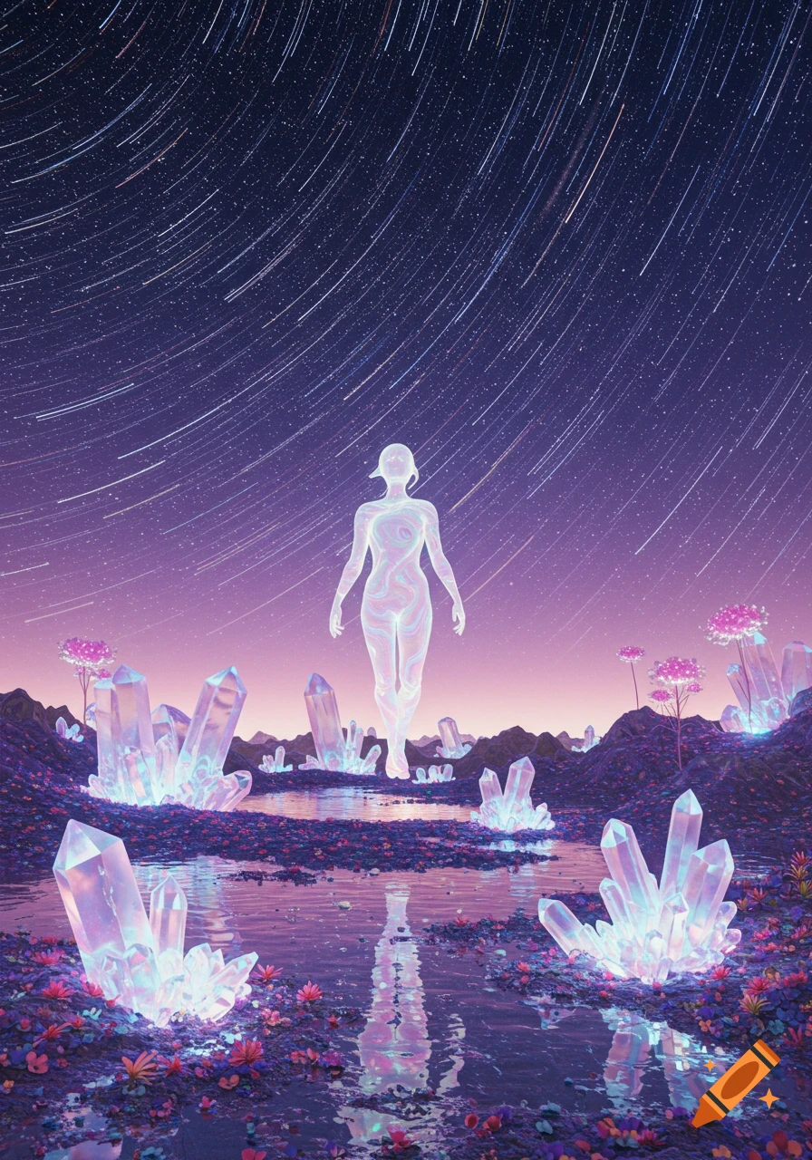 A glowing, ethereal human-like figure stands amidst a surreal landscape of large, luminous crystals and a reflective pool under a starry, purple cosmic sky with streaking lights.