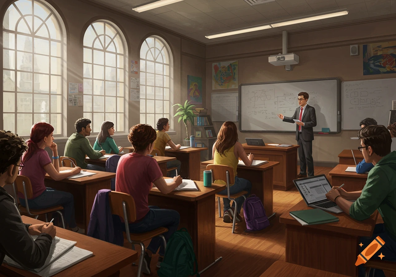 A sunlit college classroom scene with students seated at desks and a teacher presenting at a whiteboard.