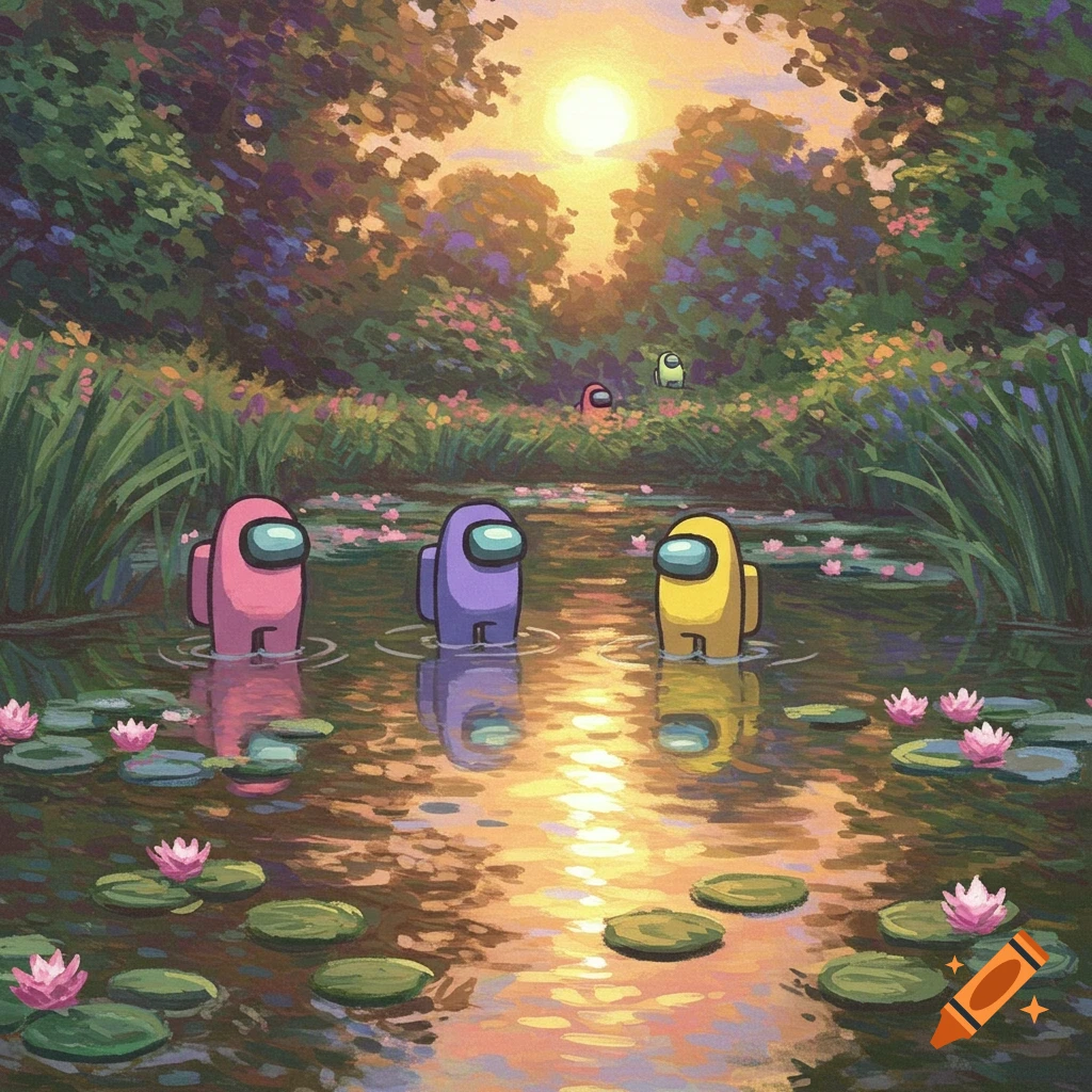 Four Among Us characters in a Monet-style painting, standing in a pond with water lilies at sunset amidst lush foliage.