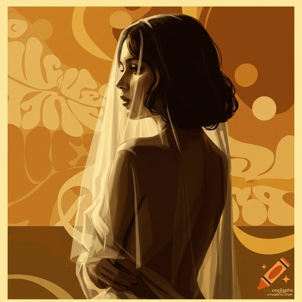 Vintage poster style portrait of a woman with a sheer veil, looking right, on a golden background.
