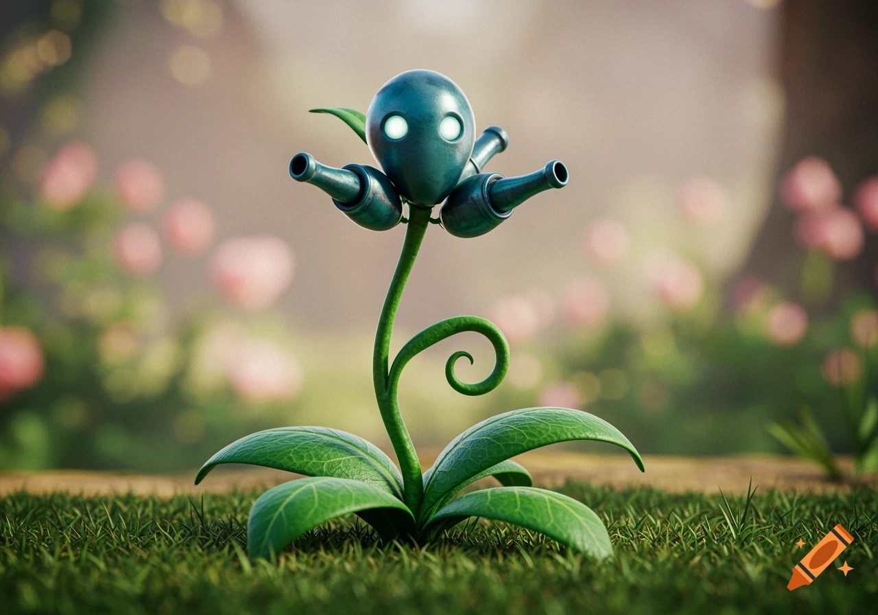 A 3D rendered plant-like robot creature with cannons and glowing eyes stands in green grass with blurred pink flowers.