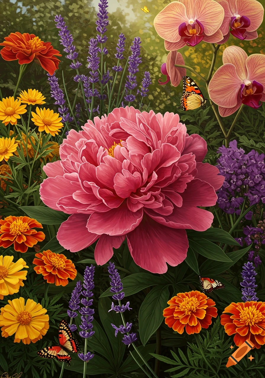 A vibrant, detailed illustration of a garden filled with pink peonies, orange marigolds, purple lavender, and butterflies.