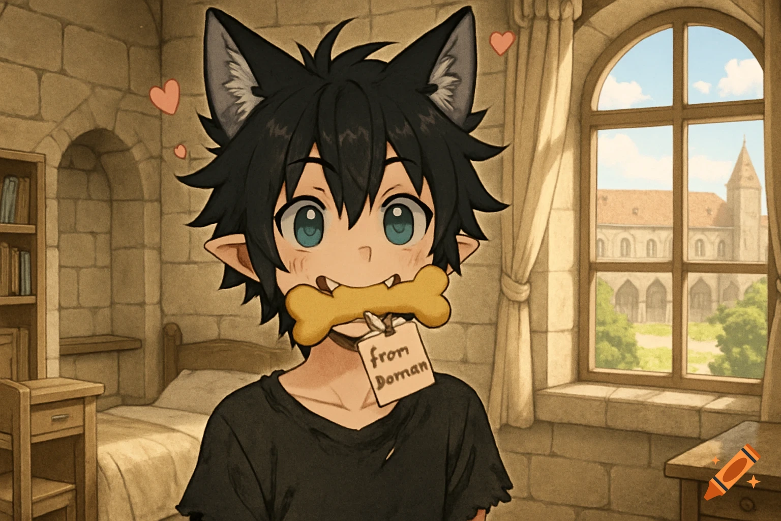 An anime boy with wolf ears and black messy hair holds a bone toy with a "from Doman" tag in his mouth, in a stone room.
