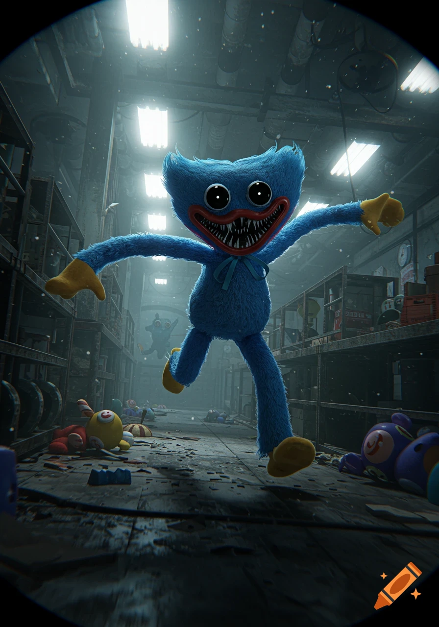 A blue furry monster, Huggy Wuggy, with sharp teeth runs through a dark, abandoned toy factory strewn with dolls.