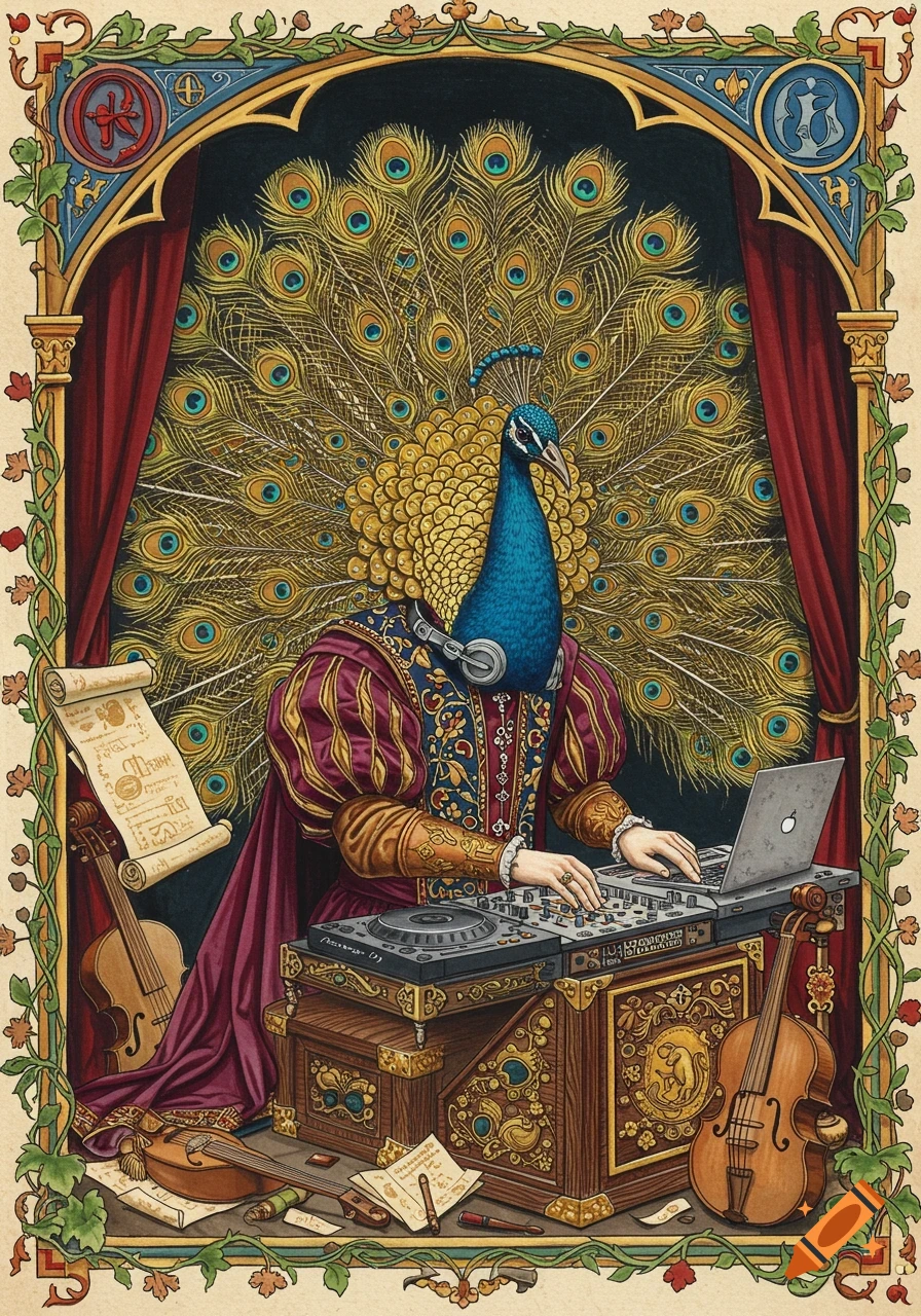 An intricate medieval manuscript illustration depicts a peacock-headed DJ in bard's attire, mixing music with modern DJ equipment.