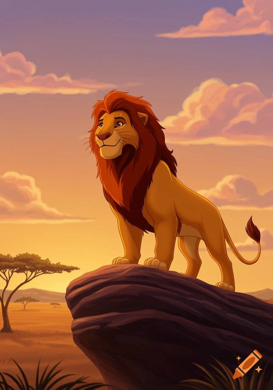 A cartoon lion with a red mane stands proudly on a rock against a vibrant orange and purple sunset sky in a savanna.