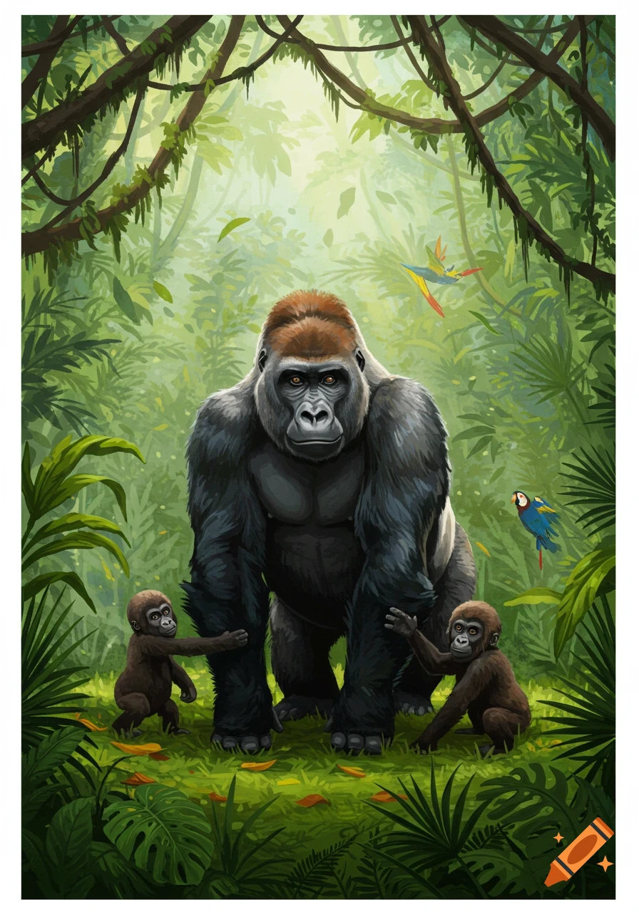 An adult gorilla stands in a lush jungle with two baby gorillas on the ground and two colorful birds flying around, in an illustrated style.