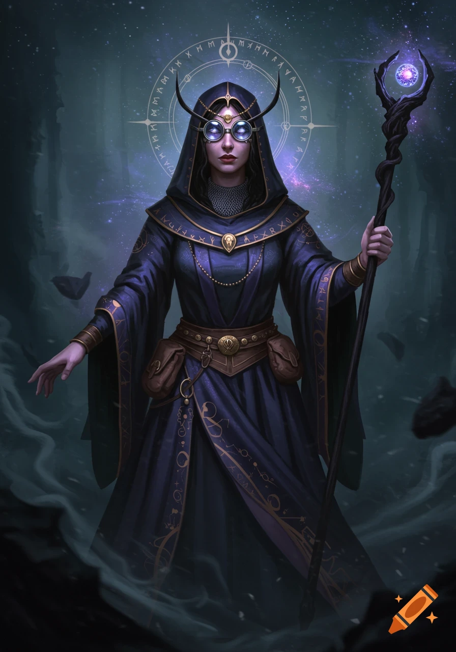 A female sorceress in a dark blue hooded robe with gold runes, wearing pince-nez glasses, holding a glowing staff.