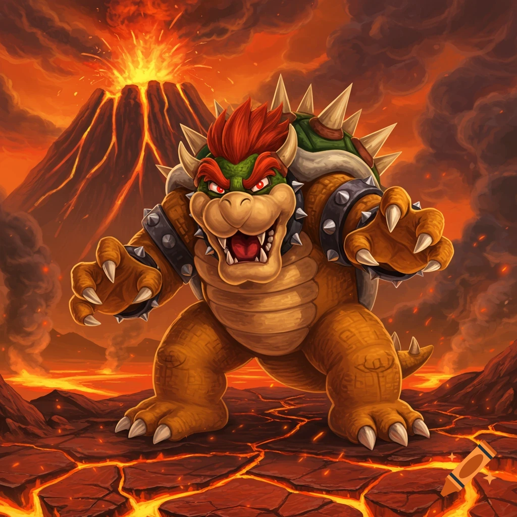 Vibrant illustration of Bowser, mouth open, standing powerfully in a fiery volcanic landscape with an erupting volcano.