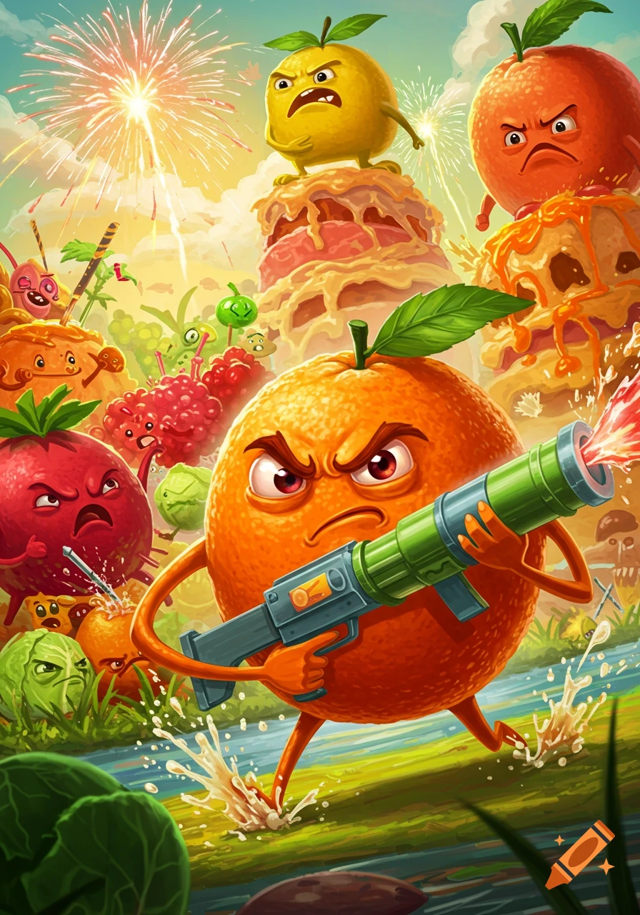 A cartoon orange with a rocket launcher leads angry fruits and vegetables in a battle with fireworks in the background.