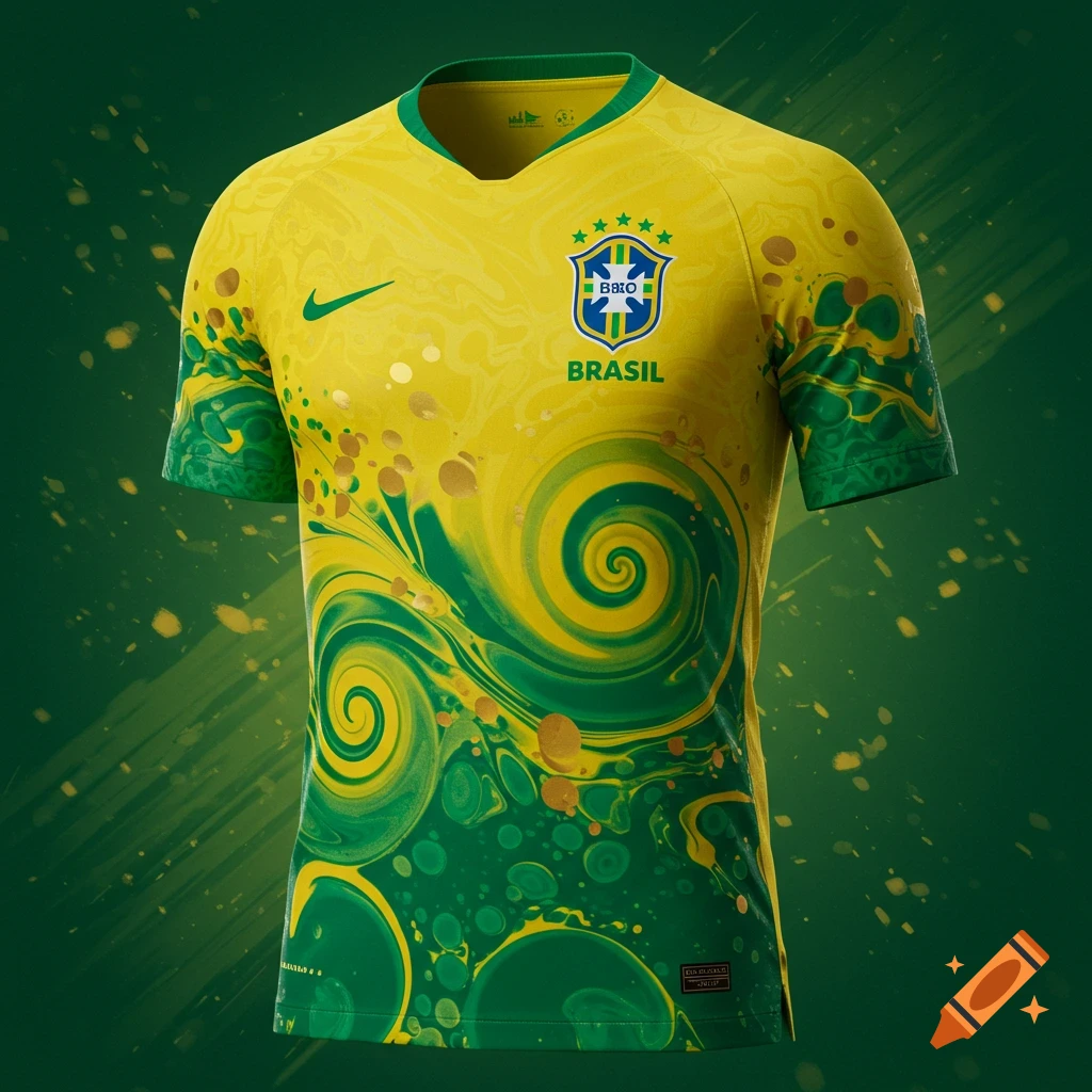 A detailed close-up of a vibrant yellow and green Brazil soccer jersey featuring an abstract, swirling samba-inspired design with gold speckles and official logos.