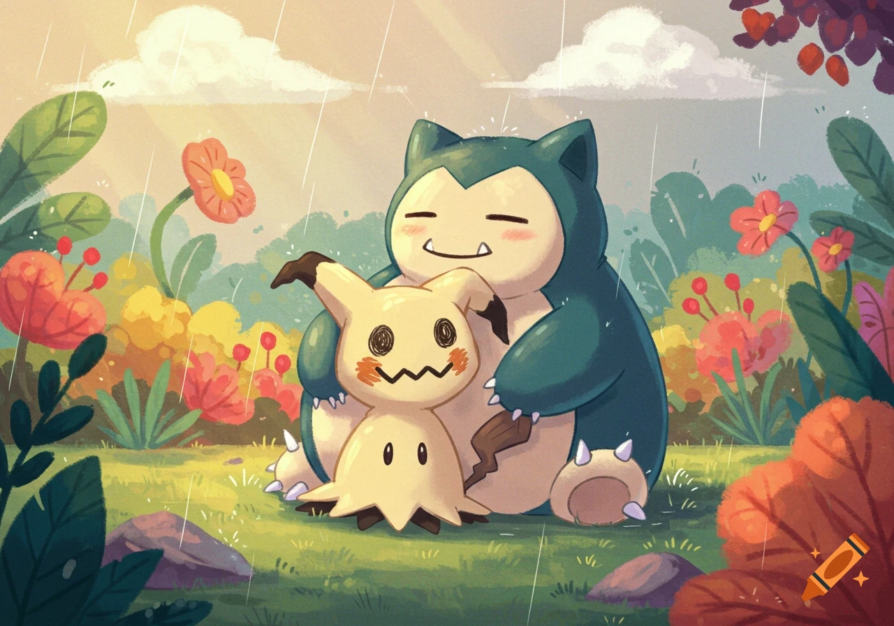 Snorlax and Mimikyu cuddle under gentle rain in a vibrant cartoon forest.