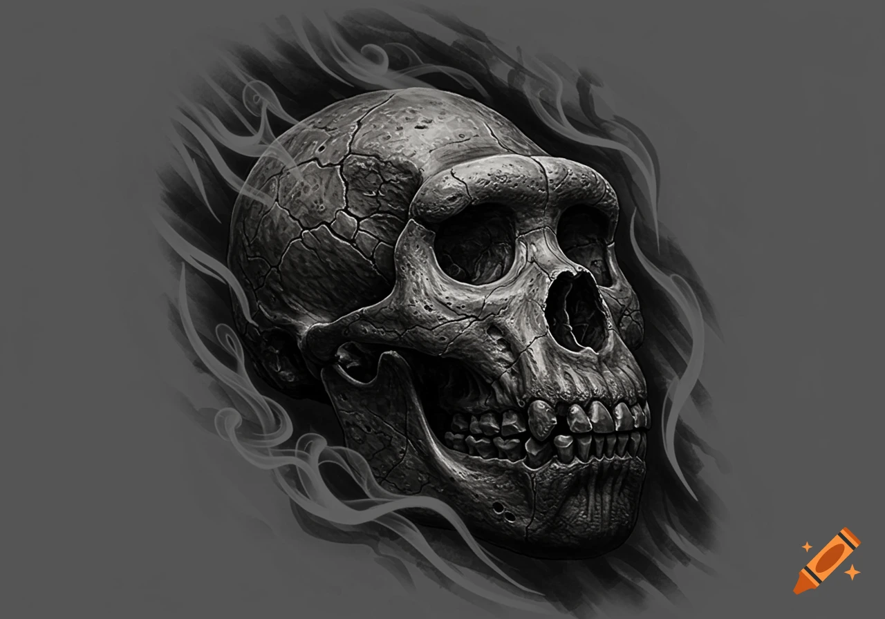 Grayscale illustration of a cracked Paranthropus Boisei skull with smoke elements, in a tattoo style.