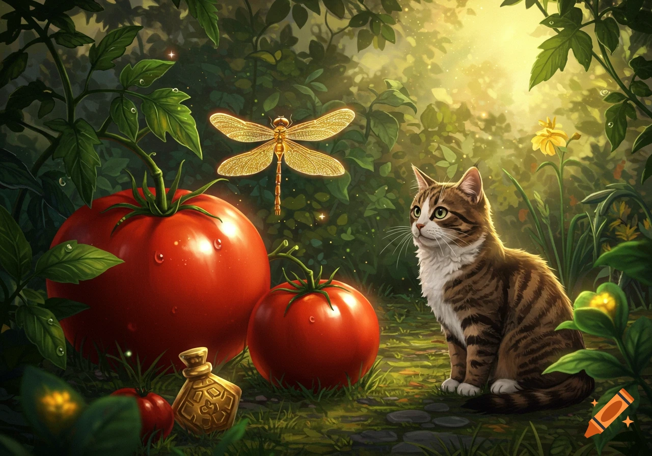 A whimsical fantasy garden with a brown tabby cat sitting next to two large red tomatoes and a glowing golden dragonfly flying above.