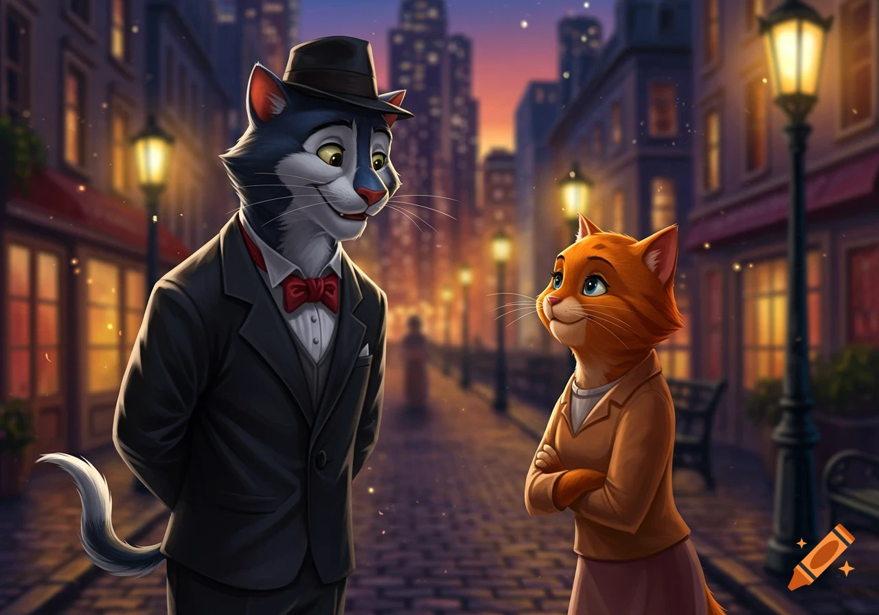 A cartoon male tuxedo cat in a suit and a female orange cat in a coat stand on a cobblestone street at night, looking at each other.