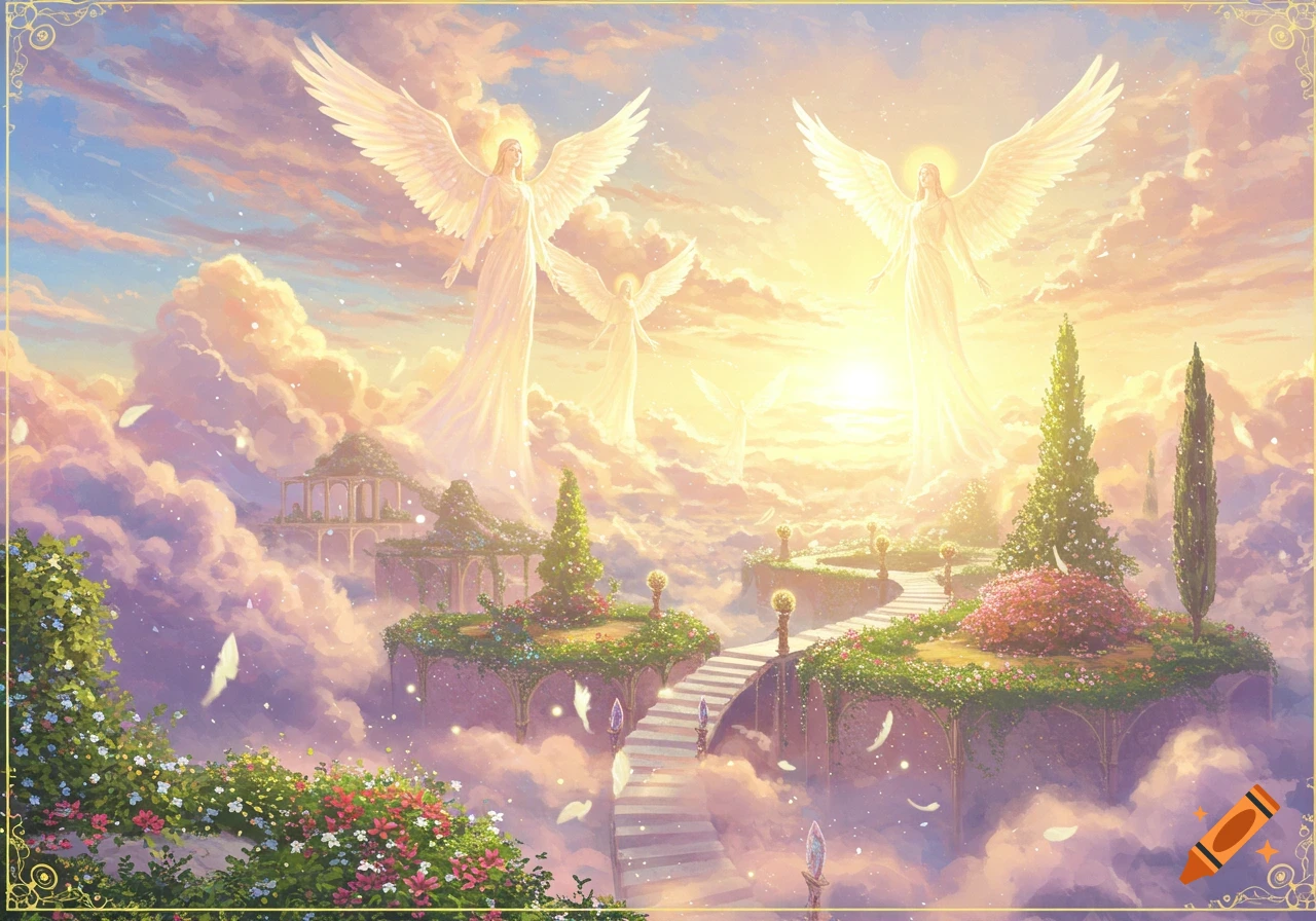 Heavenly landscape with ethereal angels floating amidst golden clouds, lush islands with gardens and winding paths at sunrise.