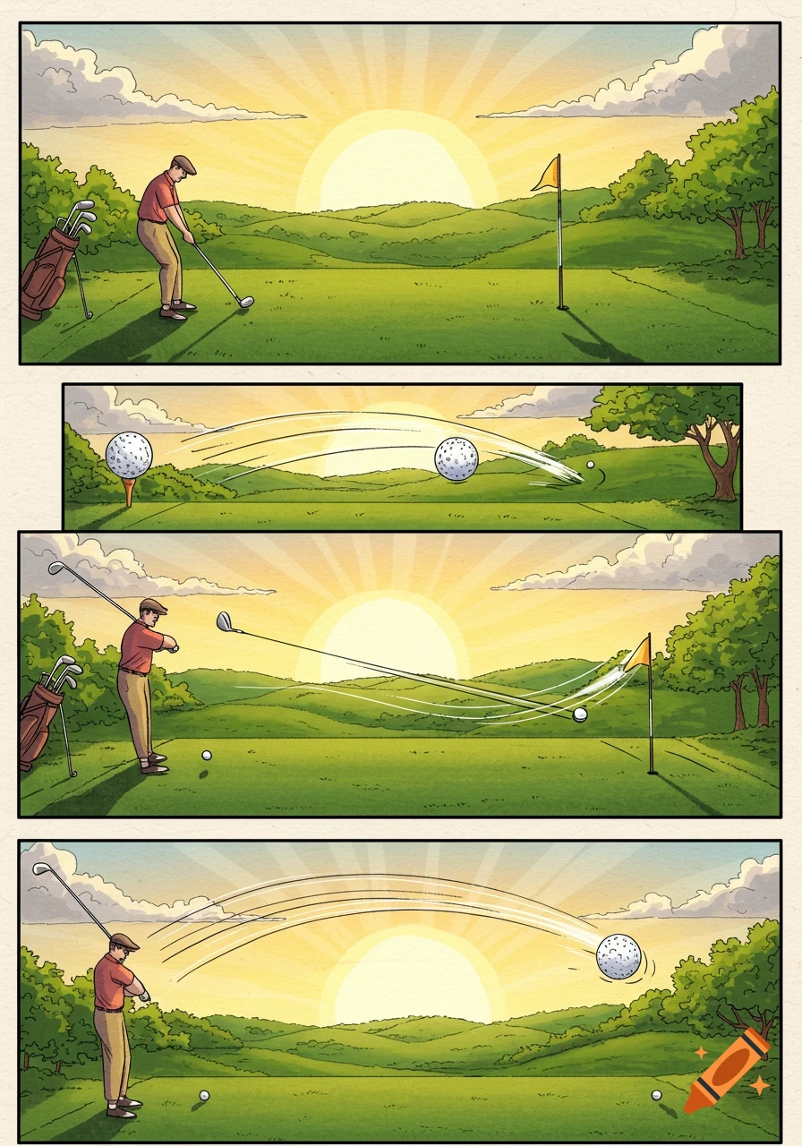 A four-panel comic strip shows a golfer hitting a golf ball on a green course at sunrise.
