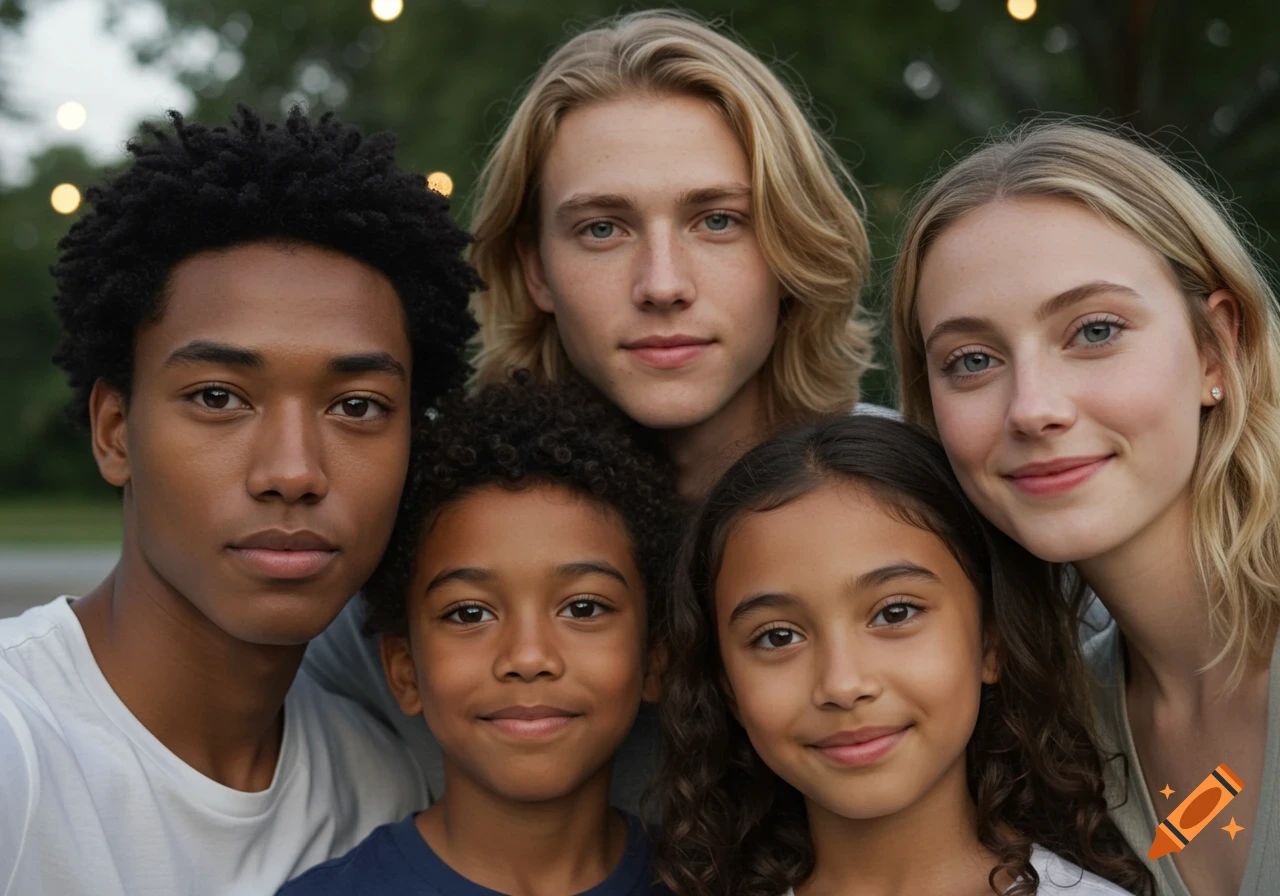 Close-up outdoor portrait of two smiling adults and two children, a boy and a girl.