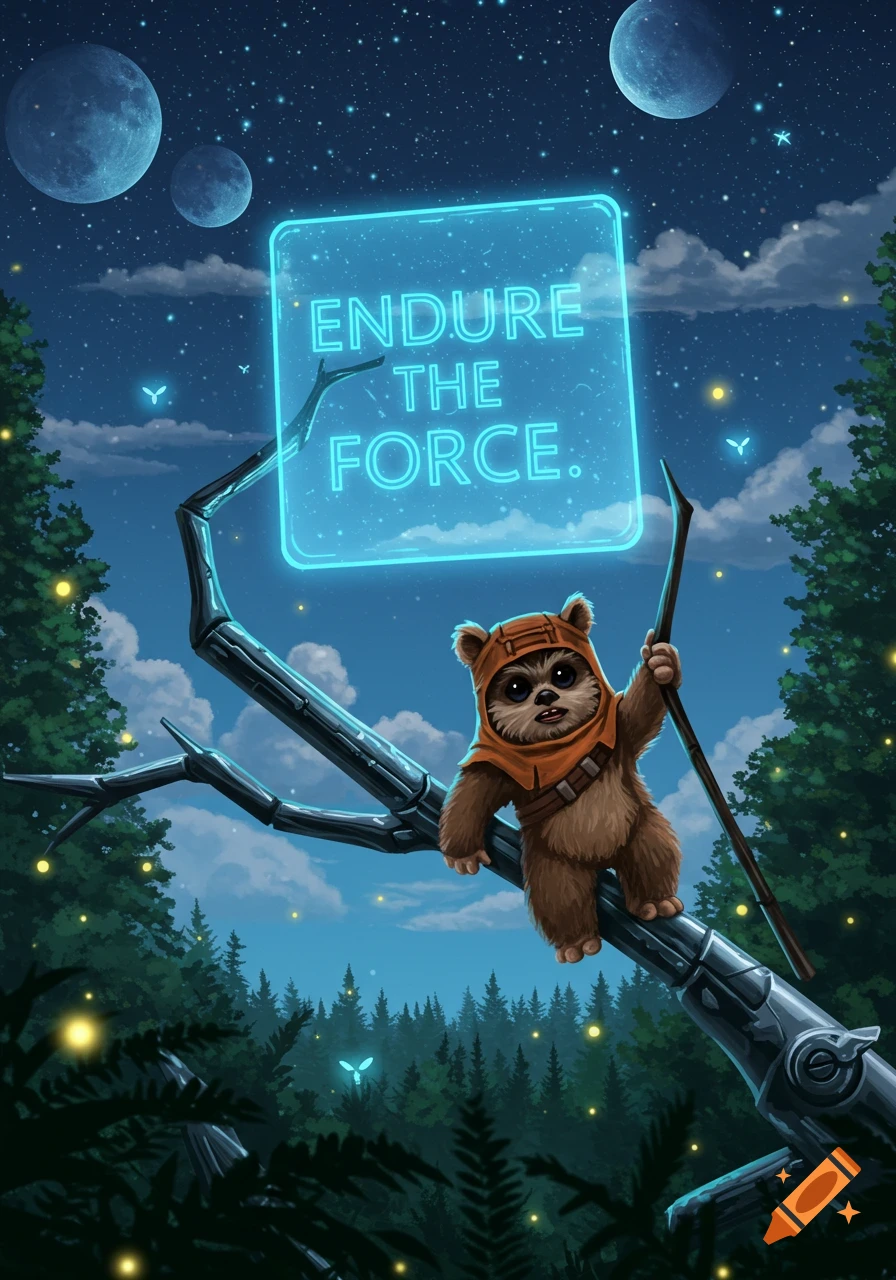 A cute Ewok-like creature on a branch under a starry night sky with a glowing sign reading "ENDURE THE FORCE."