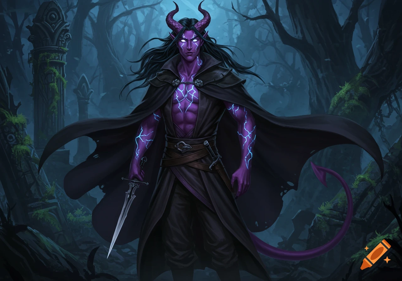 A lavender-skinned Tiefling with horns, glowing eyes, and a black cloak stands in a dark, mossy forest, holding a dagger.