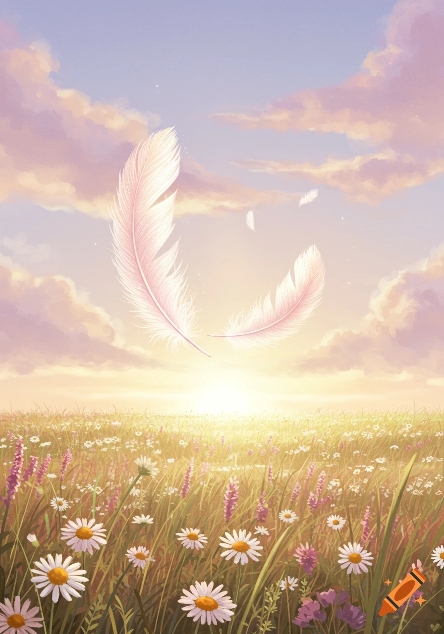 A vibrant, illustrative meadow with daisies and purple flowers under a soft sky with floating pink feathers at sunrise.
