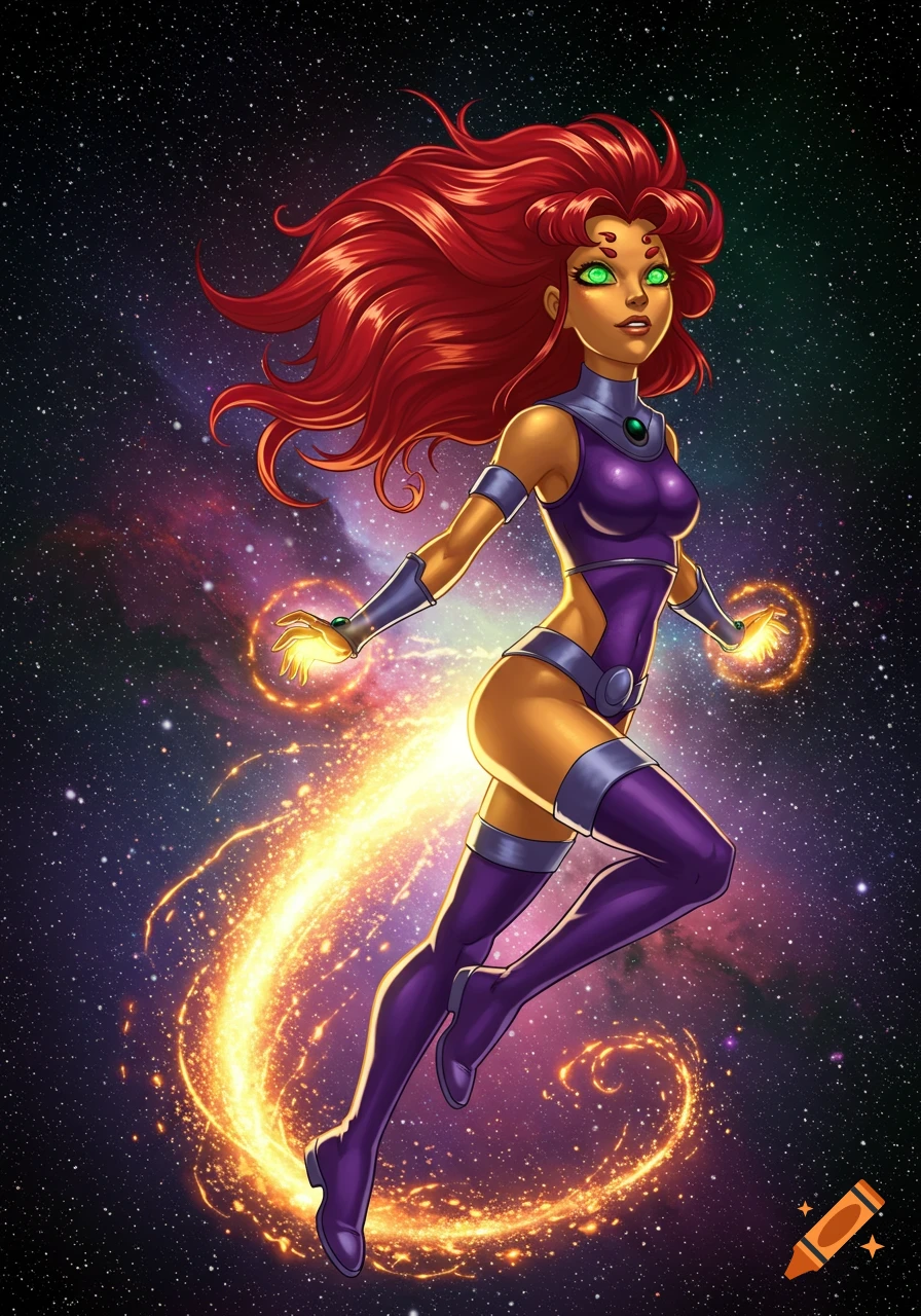 Starfire, a female superhero with red hair and green eyes, flying through a starry galaxy with golden energy trails.