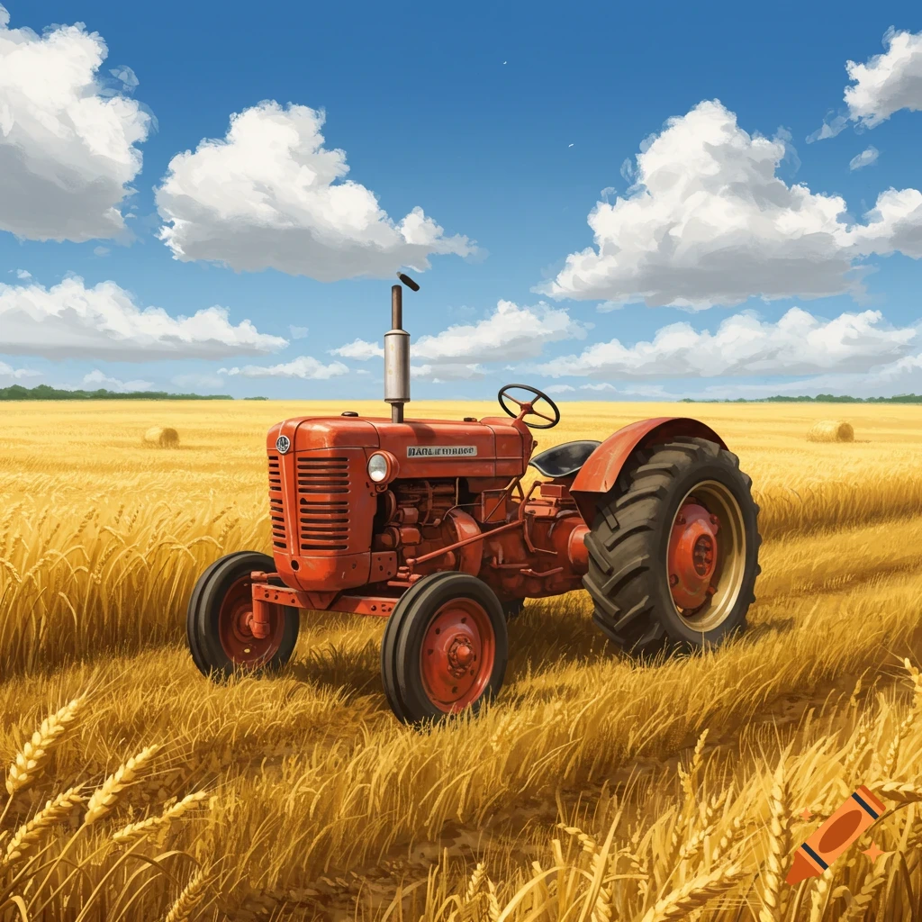 A red tractor sits in a golden wheat field under a blue sky with white clouds.
