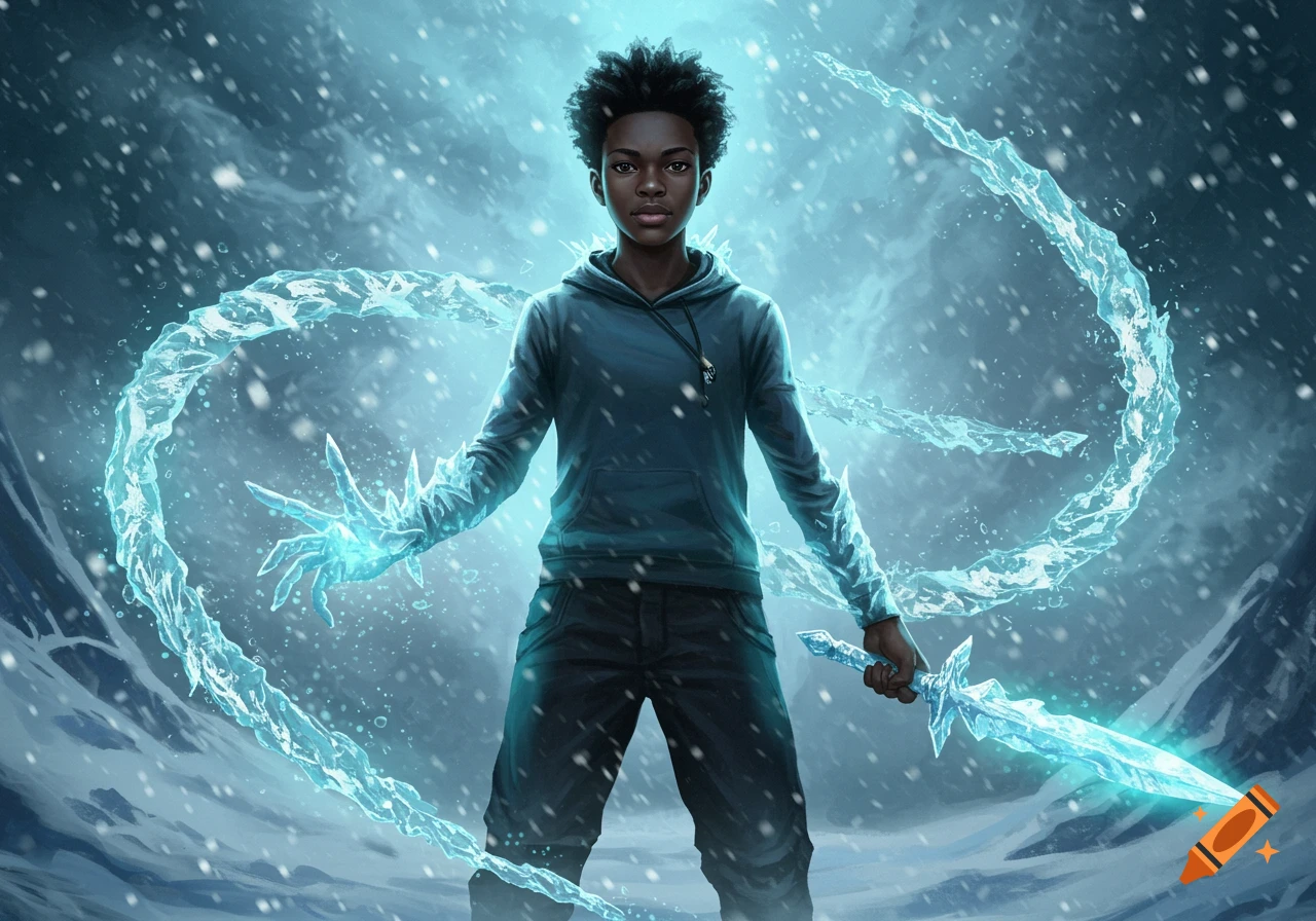 A young Black person with icy hands and an ice sword stands in a snowy, blue-toned landscape, wielding frost magic.