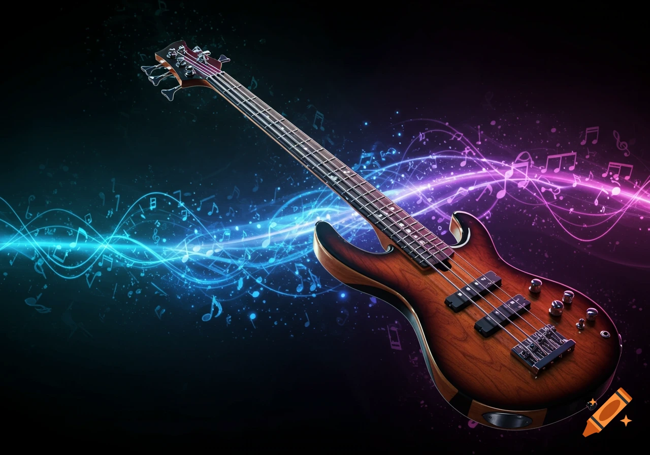 A photorealistic bass guitar with glowing blue and purple musical notes and light streams.
