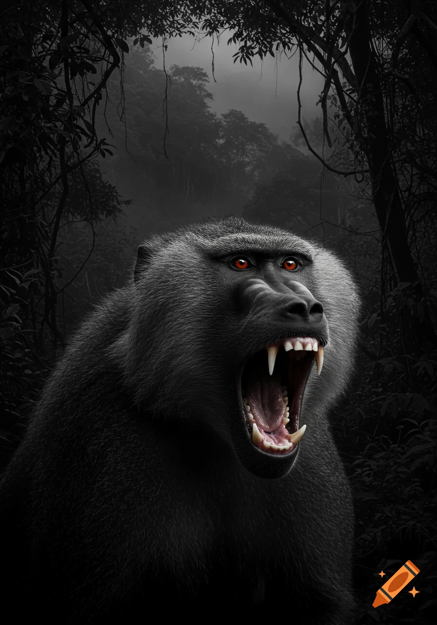 Close-up of a menacing baboon with bared teeth and glowing red eyes in a dark, misty jungle.