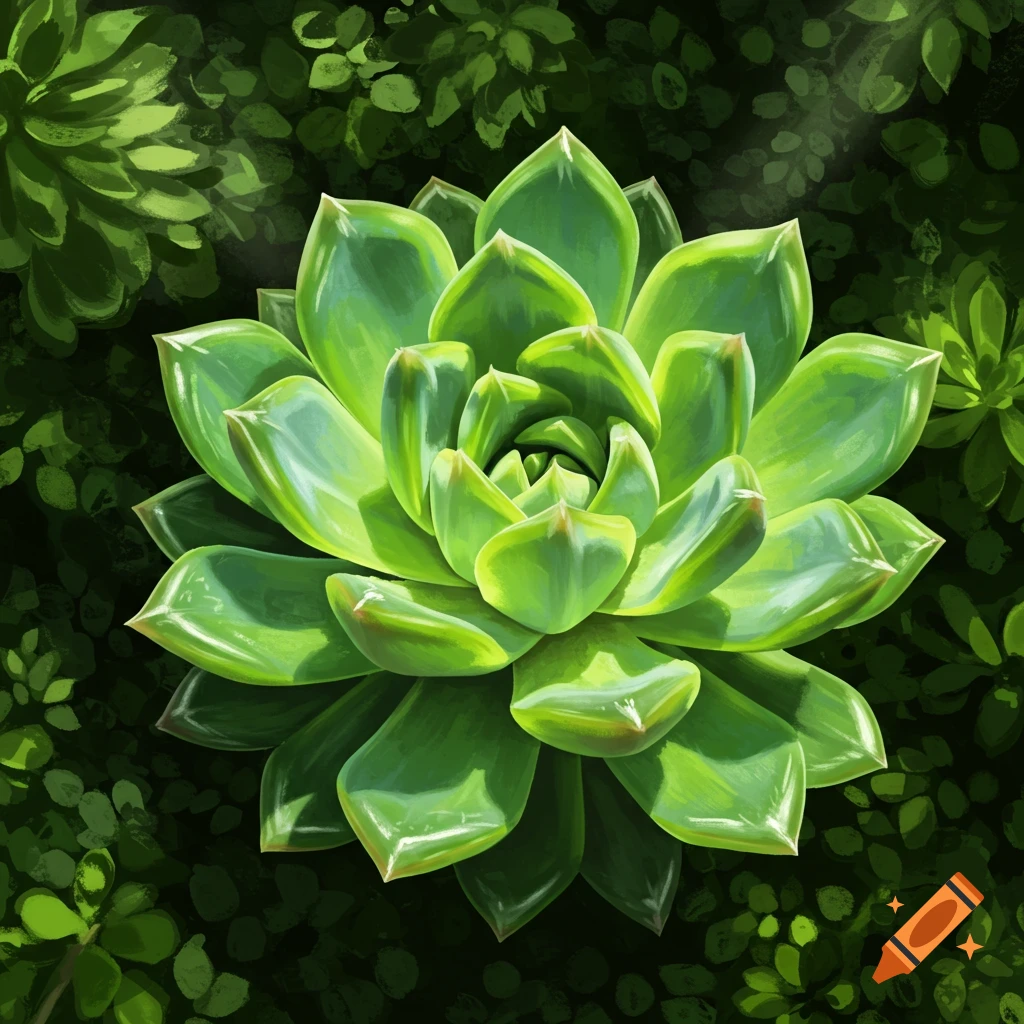 A vibrant green succulent plant with pointed leaves, seen from above, on a dark leafy background with light rays.