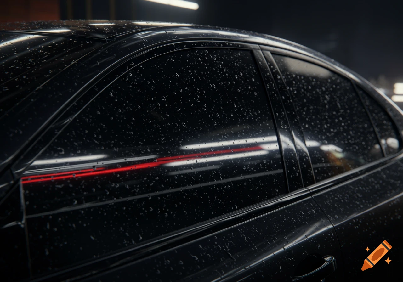 Close-up of a black car's tinted window covered in raindrops, reflecting red and white lights in a dark setting, photorealistic.