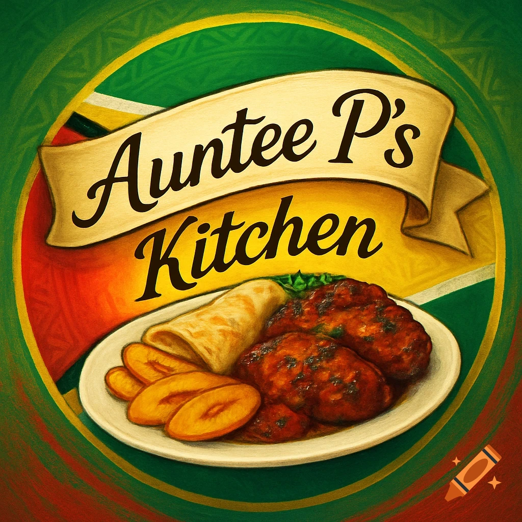 A circular graphic with a yellow banner reading "Auntee P's Kitchen" over a plate of Caribbean food, all set against a background in the colors of Guyana's flag.