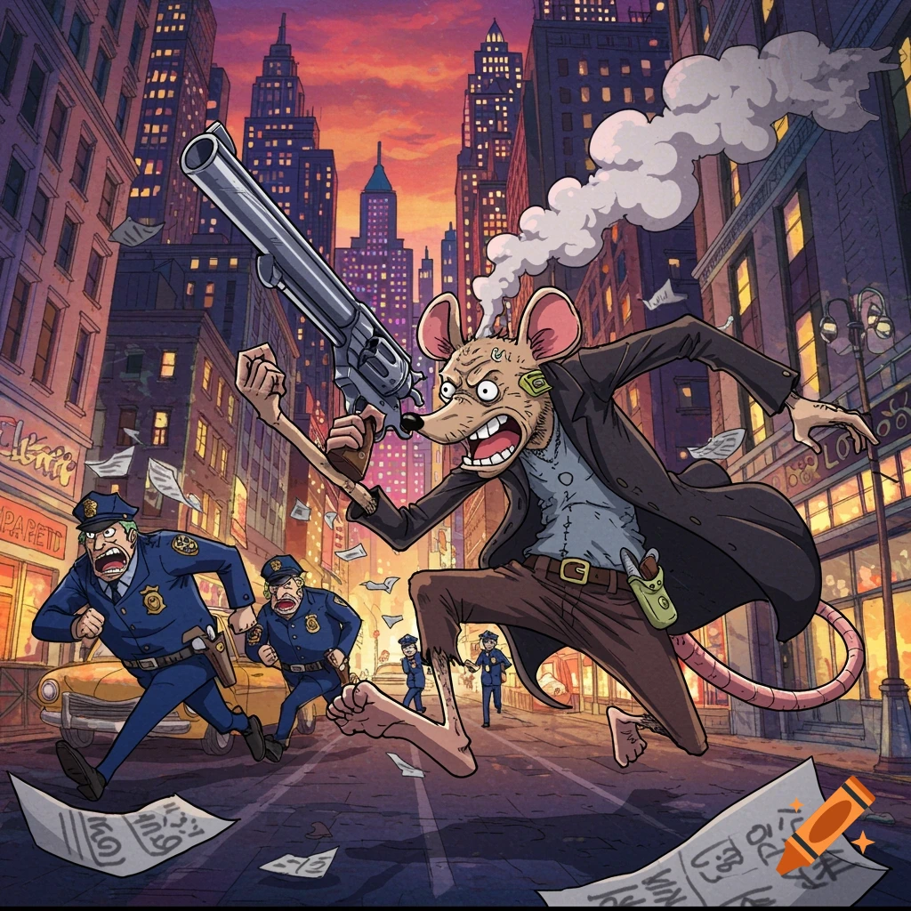 A cartoonish rat in a trench coat and bare feet runs through a city street at dusk, holding a large revolver, pursued by several police officers.