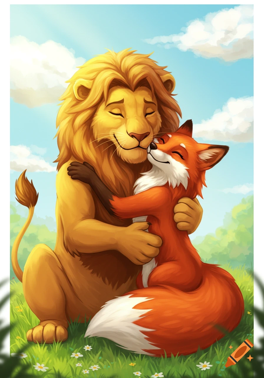 A cartoon lion and a fox hugging happily in a grassy field under a blue sky.