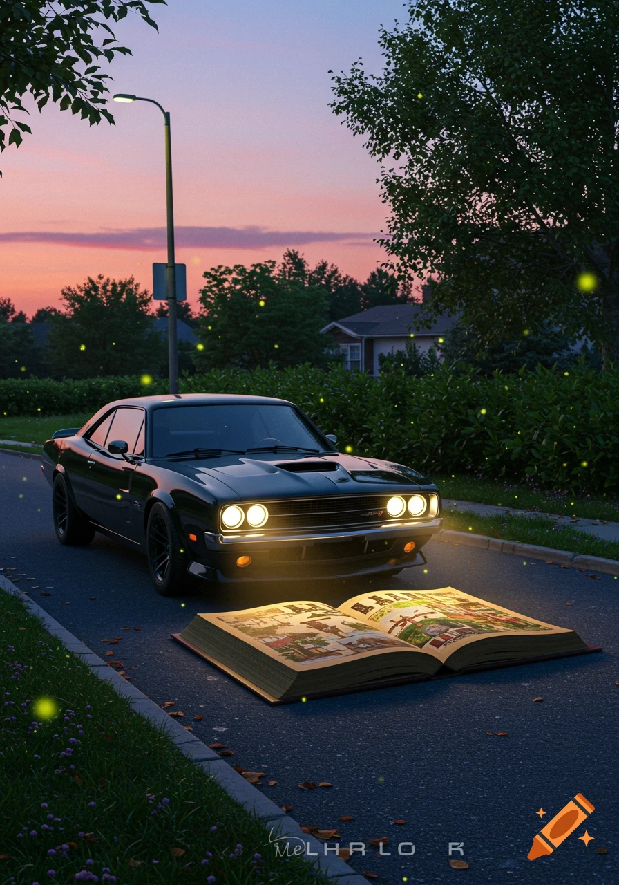 A vintage dark car parked on a road at dusk, with an open glowing book in front of it and fireflies in the air.