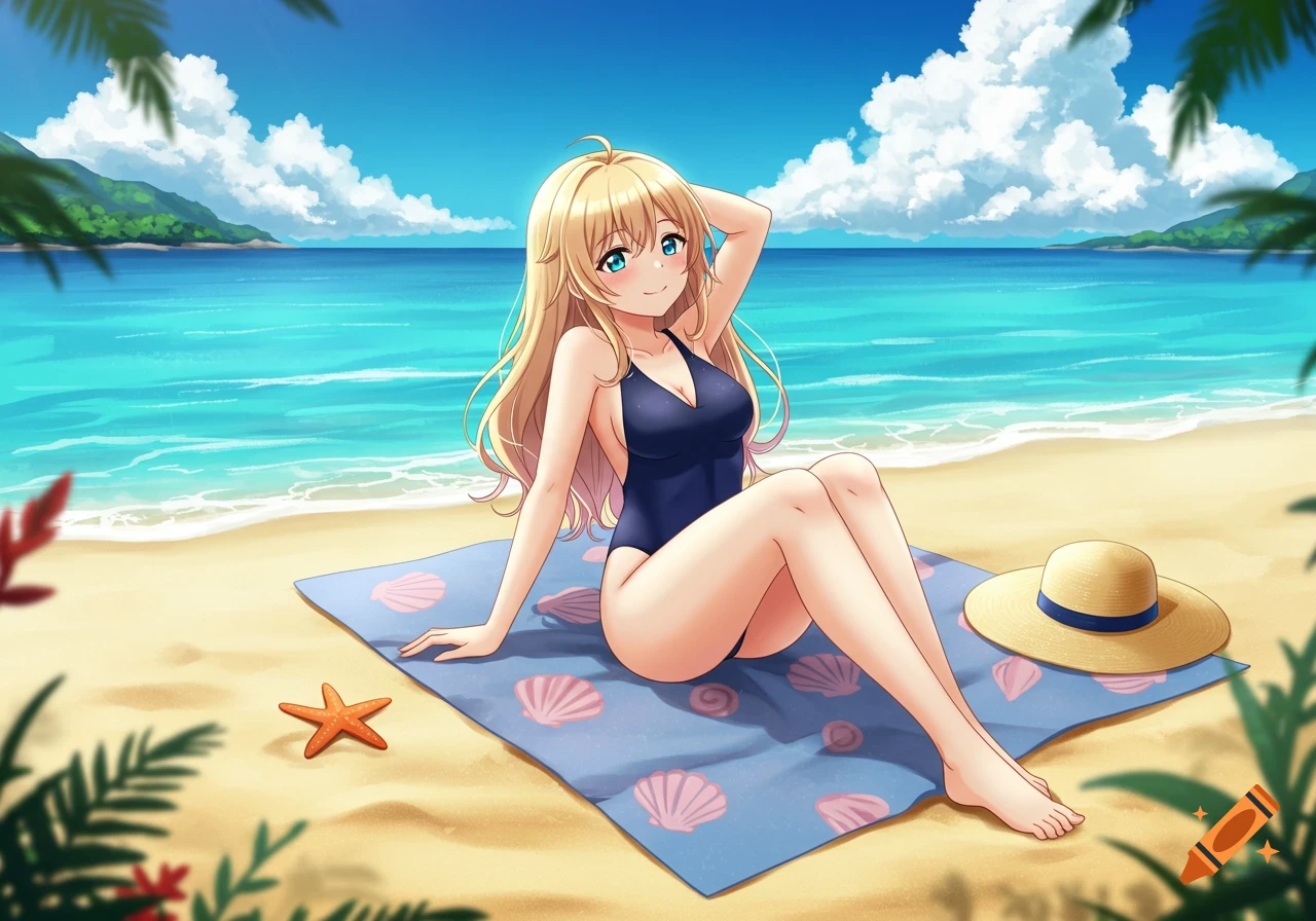 An anime girl with blonde hair and blue eyes sits on a blue beach towel with seashell patterns on a sandy beach, wearing a black swimsuit.