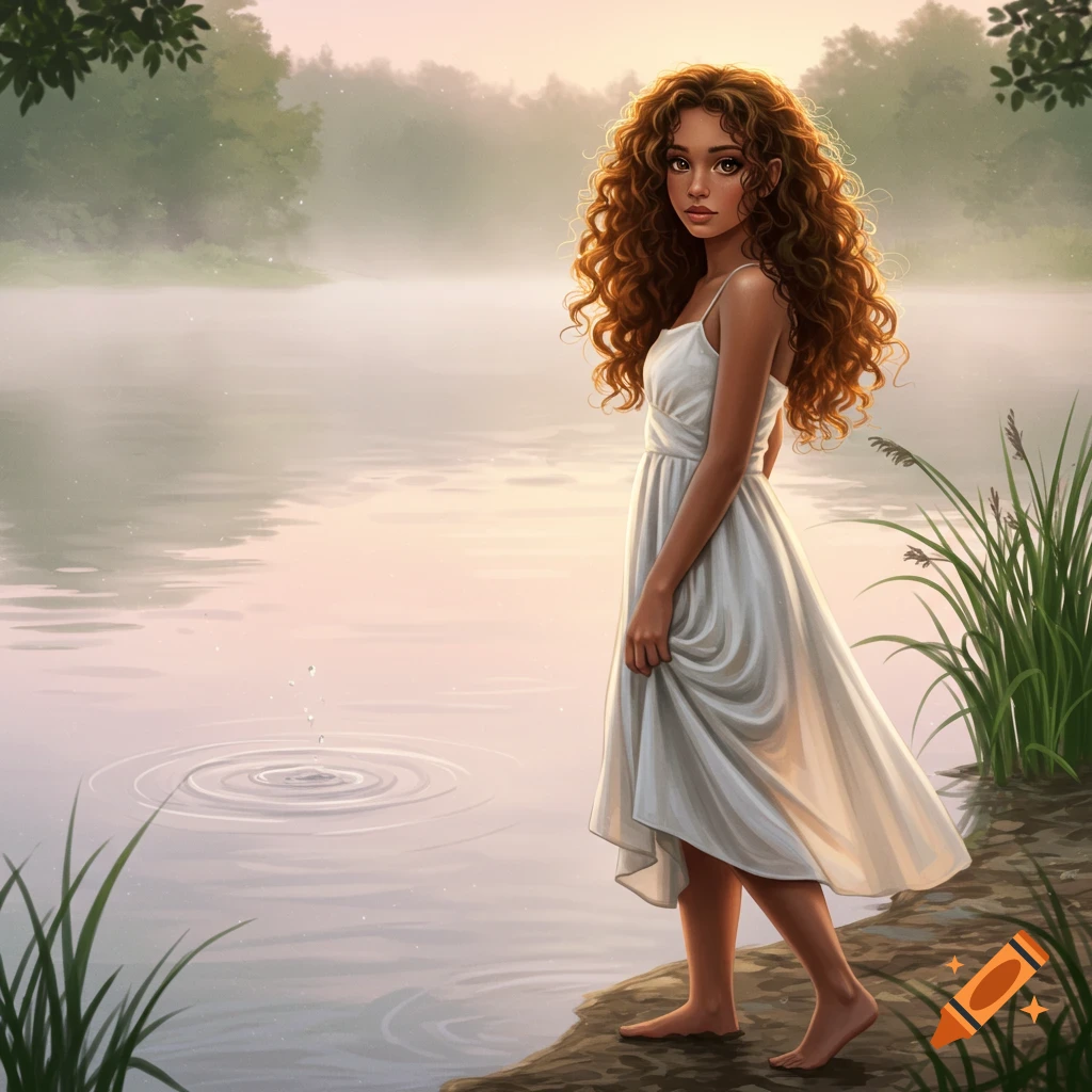An illustrated portrait of a girl with long curly hair and a white dress standing barefoot by a misty lake at sunrise.