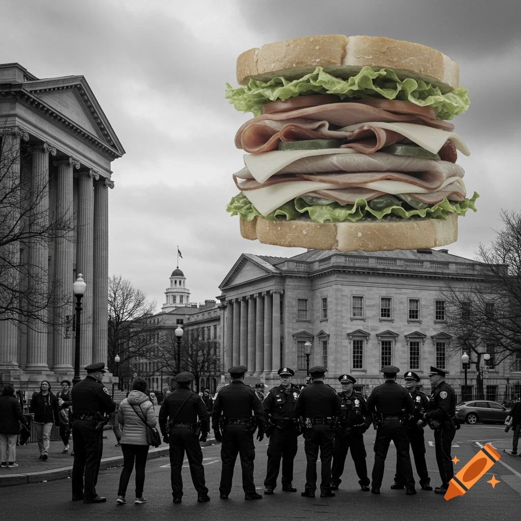 A giant, colorful sandwich floats above a black and white street scene in Washington D.C., where police officers stand among pedestrians and neoclassical buildings.