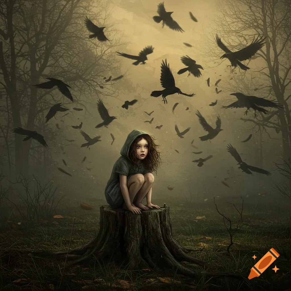 A scared little girl in a hooded dress crouches on a tree stump in a misty, dark forest, surrounded by a flock of flying black crows.
