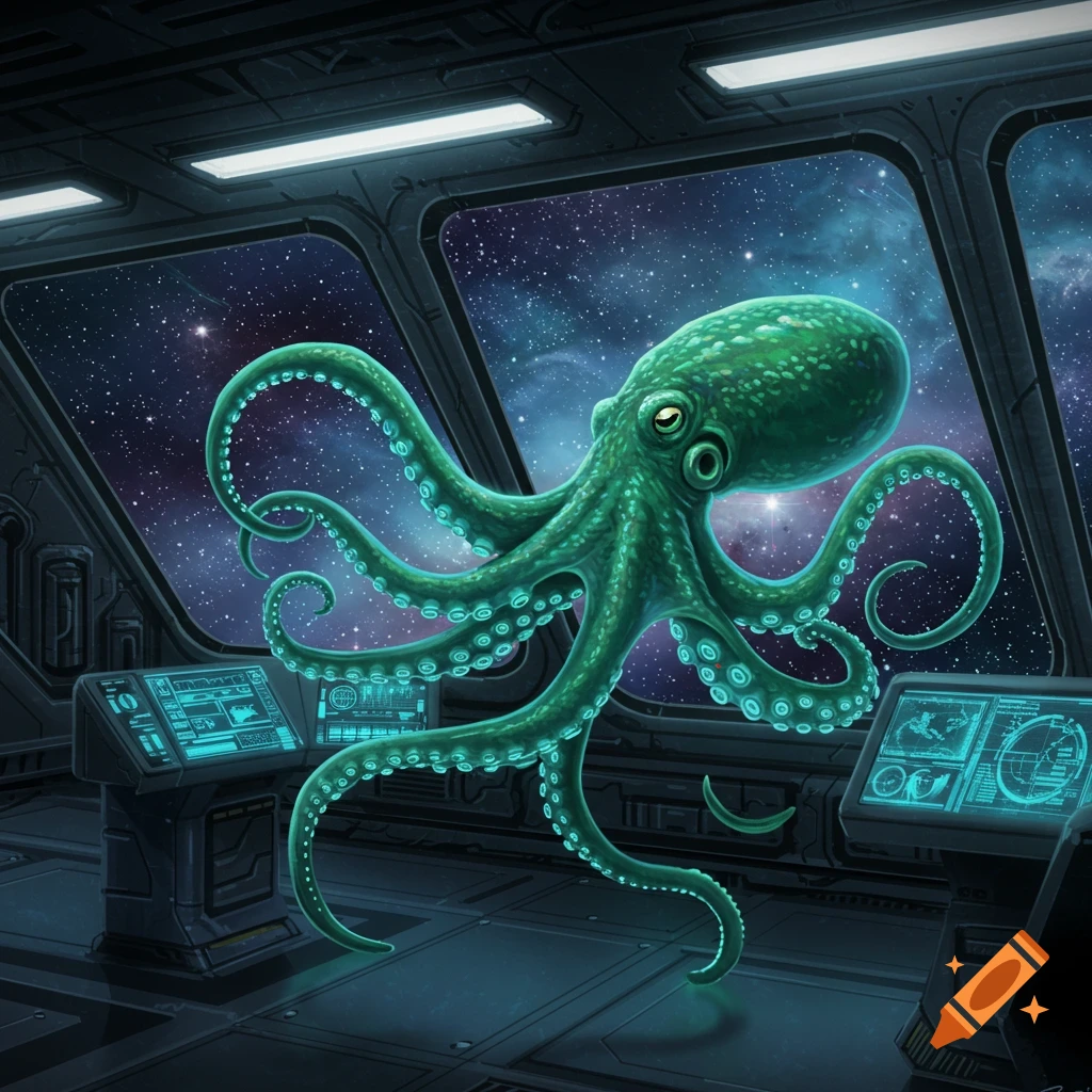 A vibrant green octopus stands inside a spaceship cockpit, gazing out at the starry galaxy.