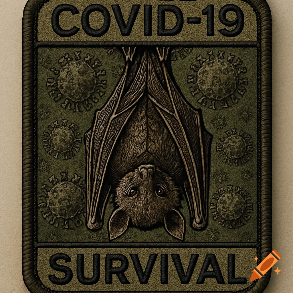A rectangular military-style patch featuring an upside-down bat, surrounded by coronavirus symbols. Text reads "COVID-19" above and "SURVIVAL" below.