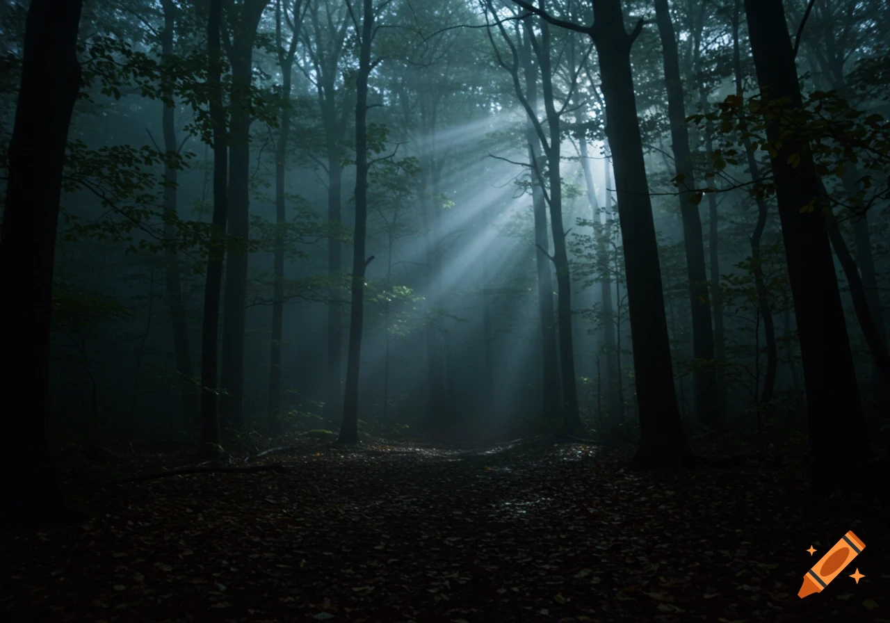 Sunlight beams pierce through dense mist in a dark, eerie forest.