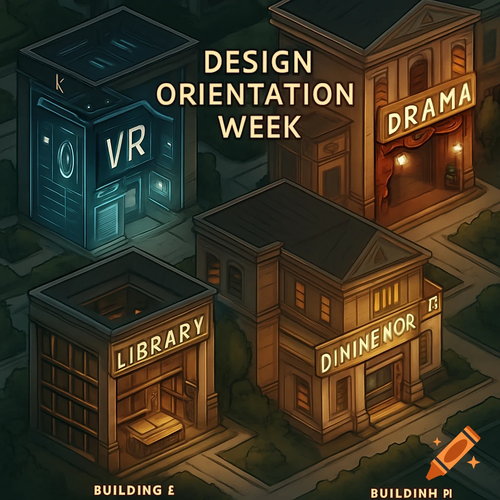 An isometric illustration of four stylized buildings labeled VR, DRAMA, LIBRARY, and DININENOR, with text 'DESIGN ORIENTATION WEEK'.