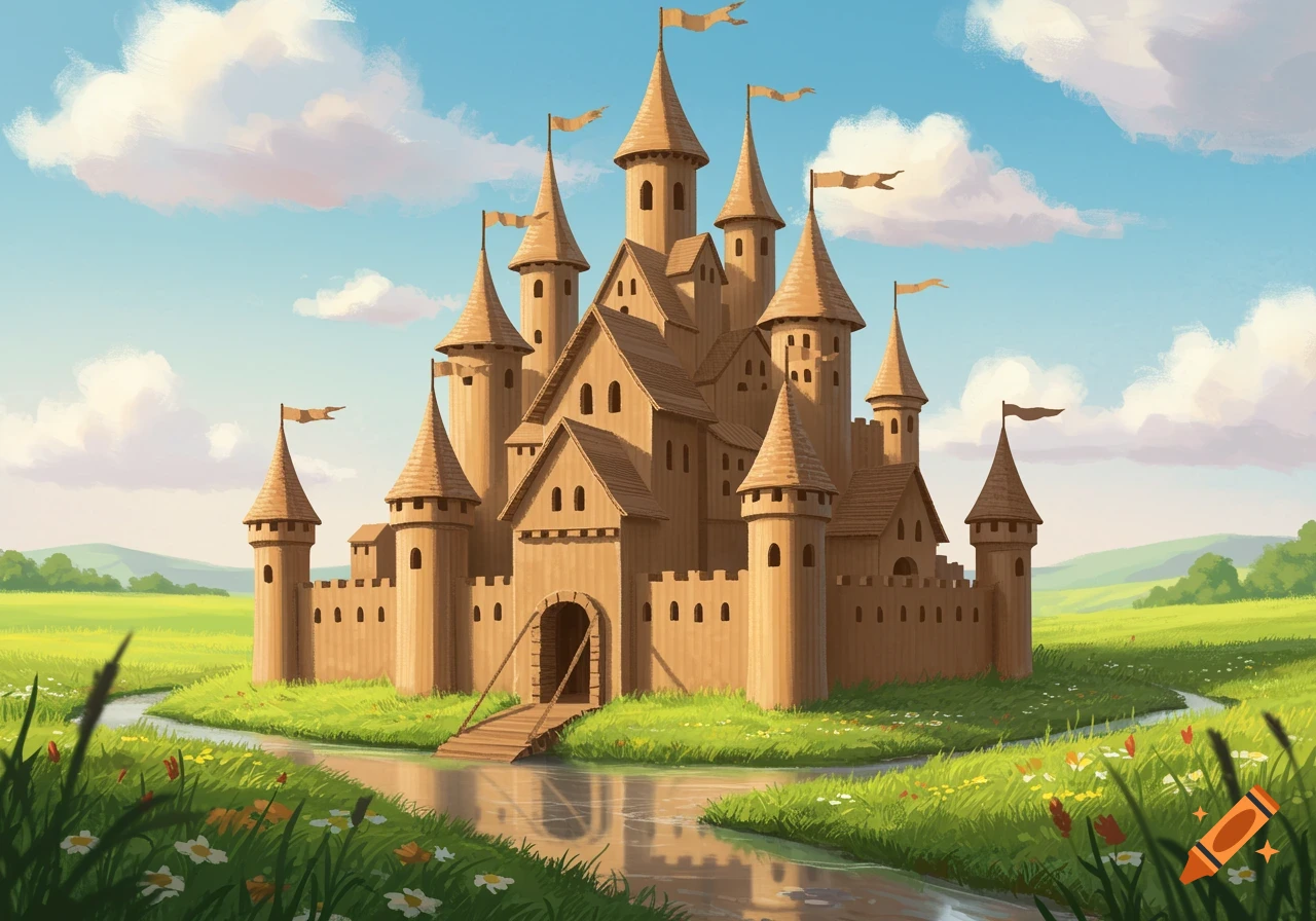 An illustration of a large cardboard castle with many spires, surrounded by green fields, a stream, and a blue sky with clouds.