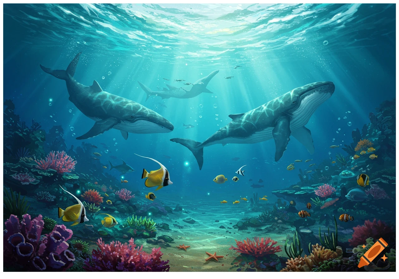 Two large whales swim in a sunlit underwater scene with colorful fish and coral reefs.