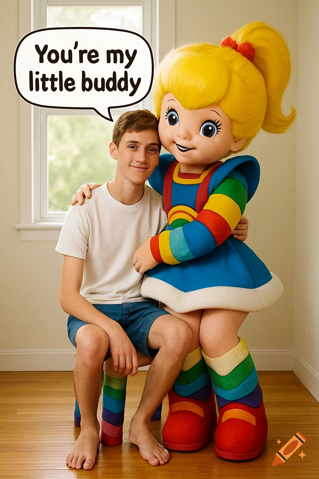 A teenage boy sits on the lap of a Rainbow Brite mascot, who hugs him. A speech bubble says 'You're my little buddy.' Photorealistic style.