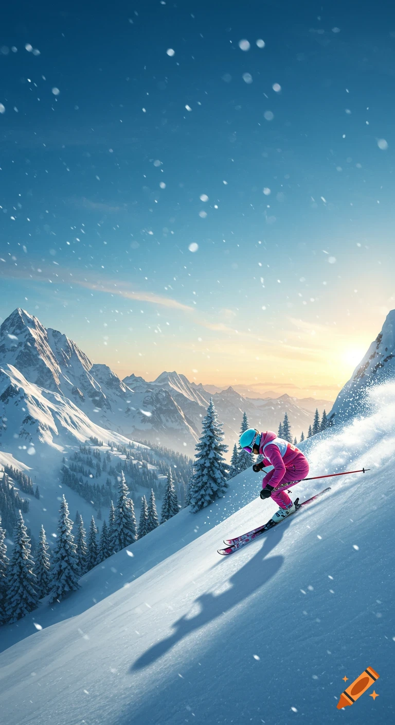 A person in a pink ski suit and blue helmet skis down a snowy mountain slope at sunset, with snow falling.